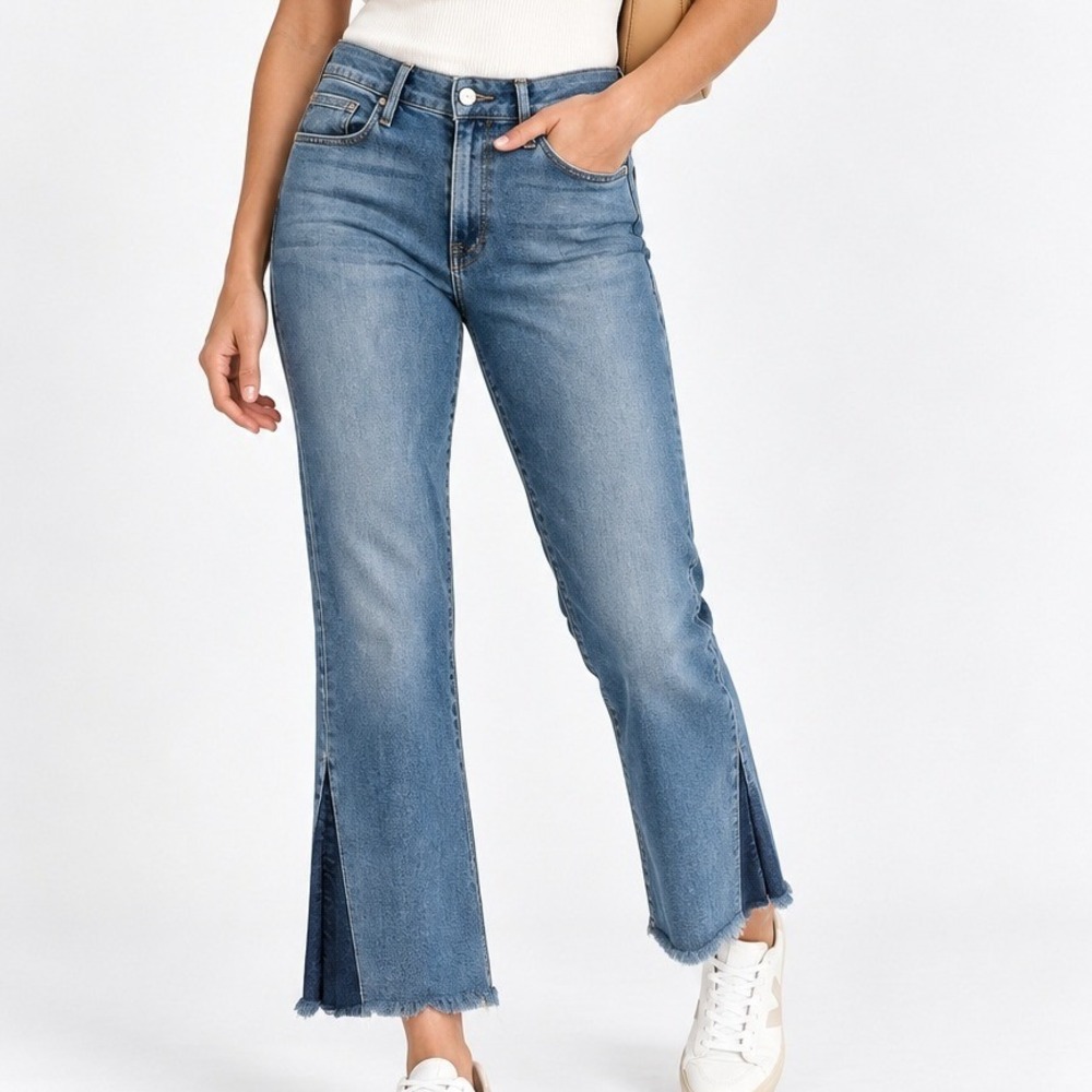 Frame Denim Le Crop Mini Boot Jeans Blue Medium Wash Raw Hem Side Slit Size 30